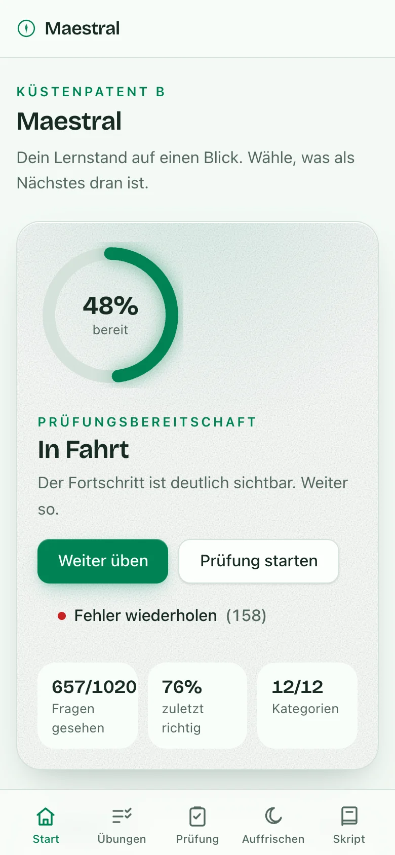 Maestral auf dem Handy: Prüfungsbereitschaft als Ring, Kennzahlen und eine Navigationsleiste am unteren Rand.