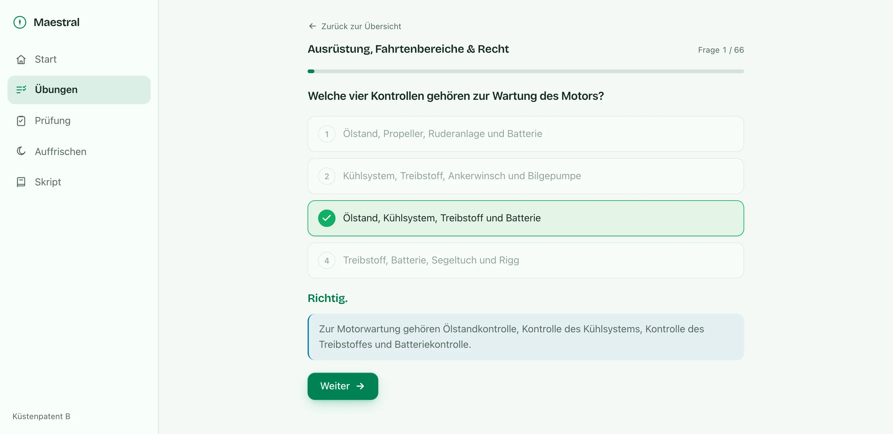Übungsmodus in Maestral: eine Frage zur Motorwartung, die richtige Antwort grün hervorgehoben, darunter die Erklärung und die Weiter-Schaltfläche.
